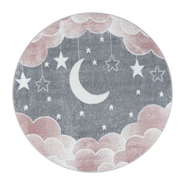 Funny Luna y Estrella alfombra bebé habitación infantil pelo corto redondo Ø 120cm rosa