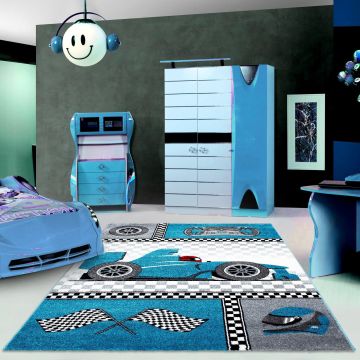 Kids Coche de carreras alfombra habitación infantil pelo corto rectangular 160x230cm azul