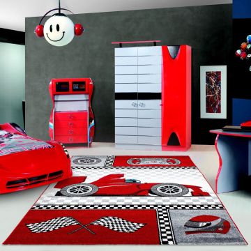 Kids Coche de carreras alfombra habitación infantil pelo corto rectangular 160x230cm rojo